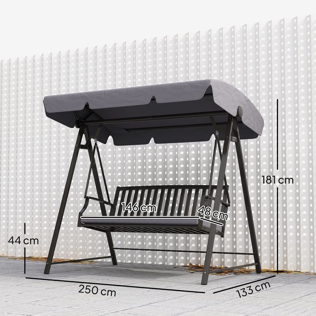 Baloiço de Jardim para 3 Pessoas Banco Baloiço com Toldo Ajustável Almofada e Estrutura de Aço 205x133x181 cm Cinzento