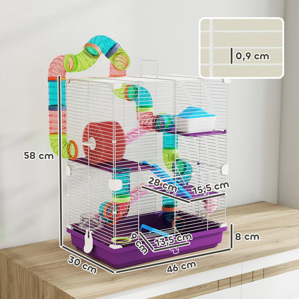 Gaiola para hamster de 4 andares com túneis, comedouro, roda, casinha e escadas – 46 x 30 x 58 cm – roxa