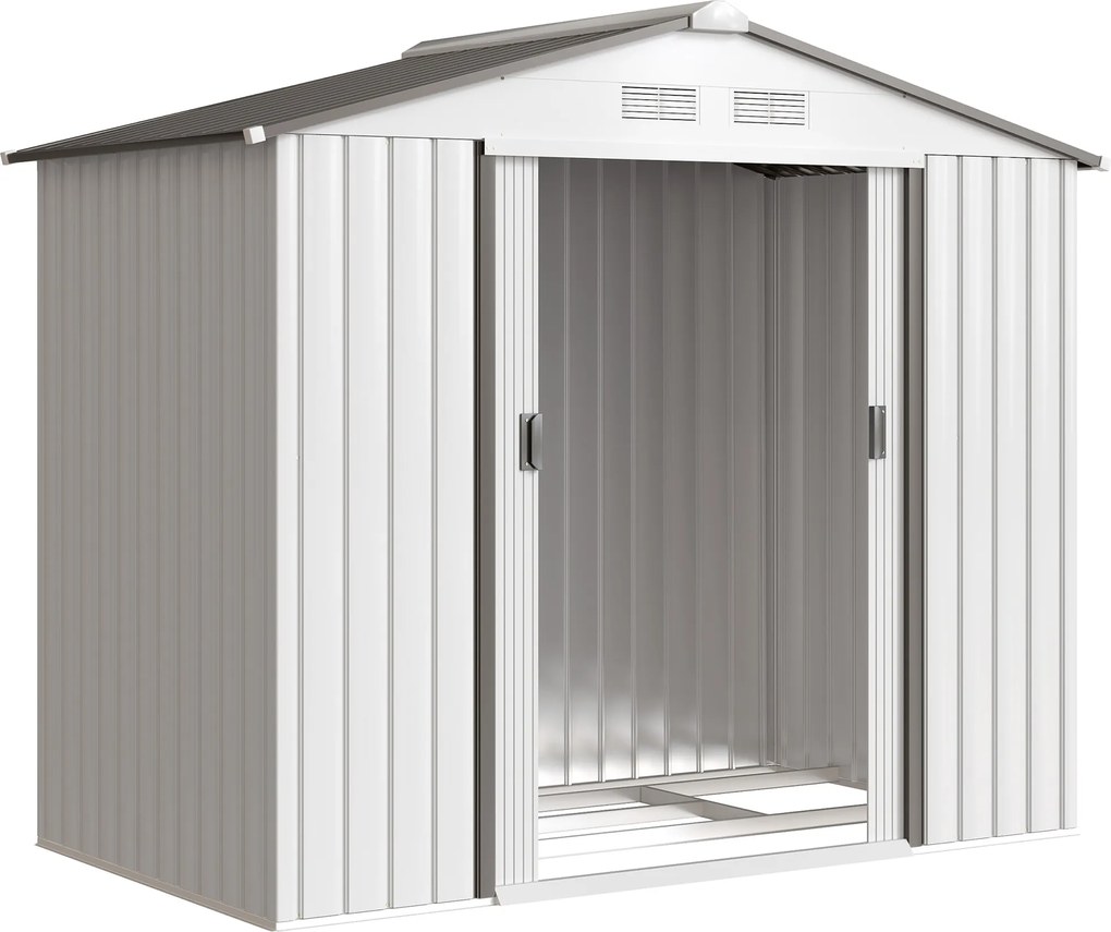 Outsunny Abrigo de Jardim Metálico de Exterior 213x130x185 cm Abrigo de Jardim com 2 Portas Deslizantes e 4 Janelas Branco e Cinza | Aosom Portugal
