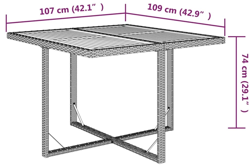 Mesa de jardim 109x107x74 cm vime PE e acácia maciça bege