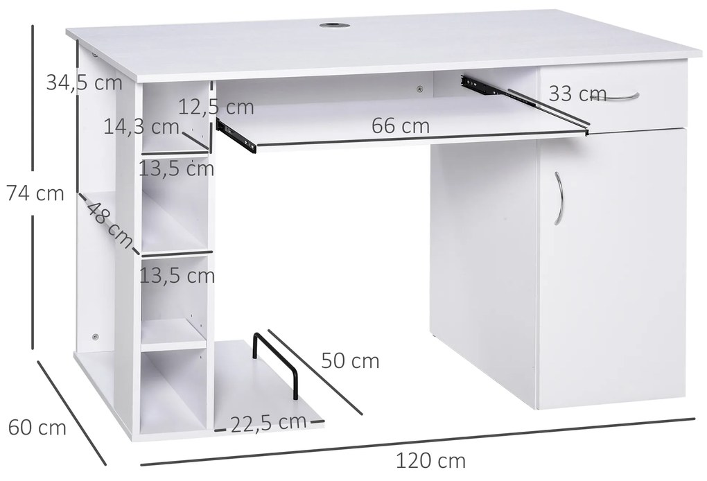 Secretária para escritório com prateleiras abertas Gabinete Suporte para CPU e bandeja removível 120x60x74 cm Branco