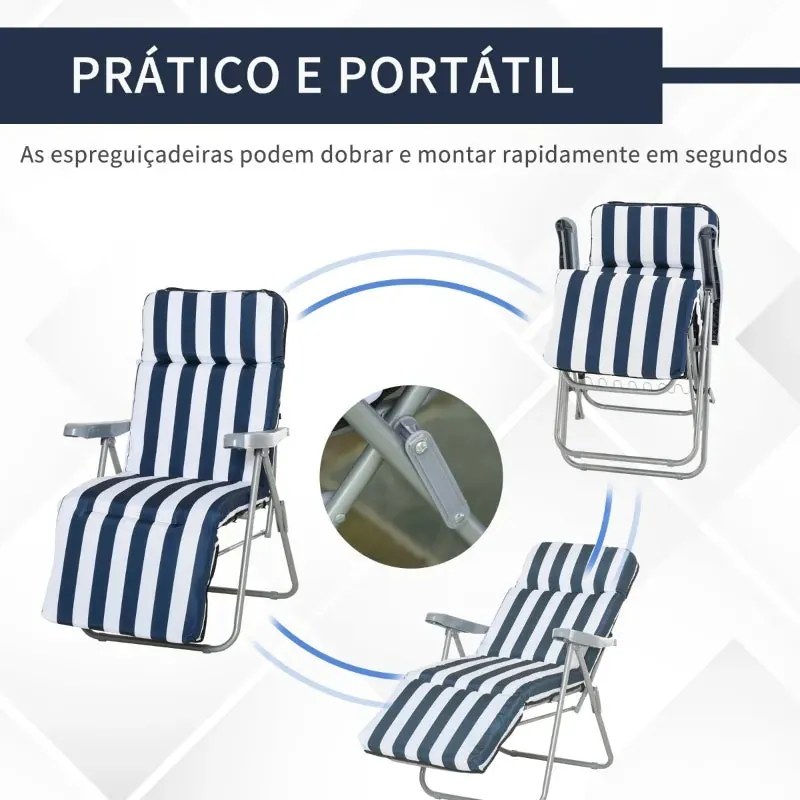 Conjunto de 2 Espreguiçadeiras com Encosto Ajustável - Azul e Branco -