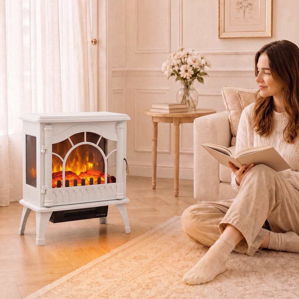 Lareira Elétrica 1000W/2000W com Temperatura Ajustável e Proteção contra Sobreaquecimento 55x31x58 cm Branca