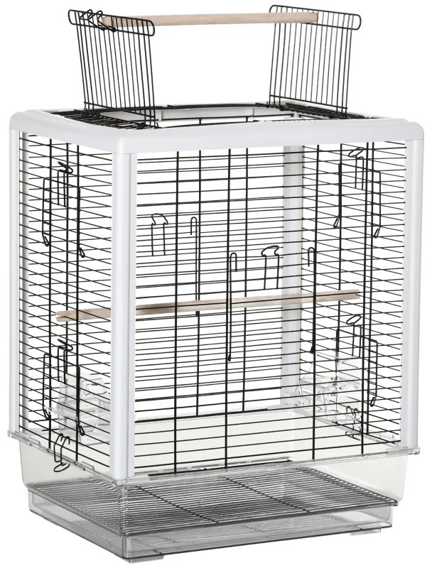 PawHut Gaiola para Passáros Gaiola com Teto com Abertura 2 Comedouros 2 Poleiros Bandeja Removível Acrílica 47x35x57,5cm | Aosom Portugal