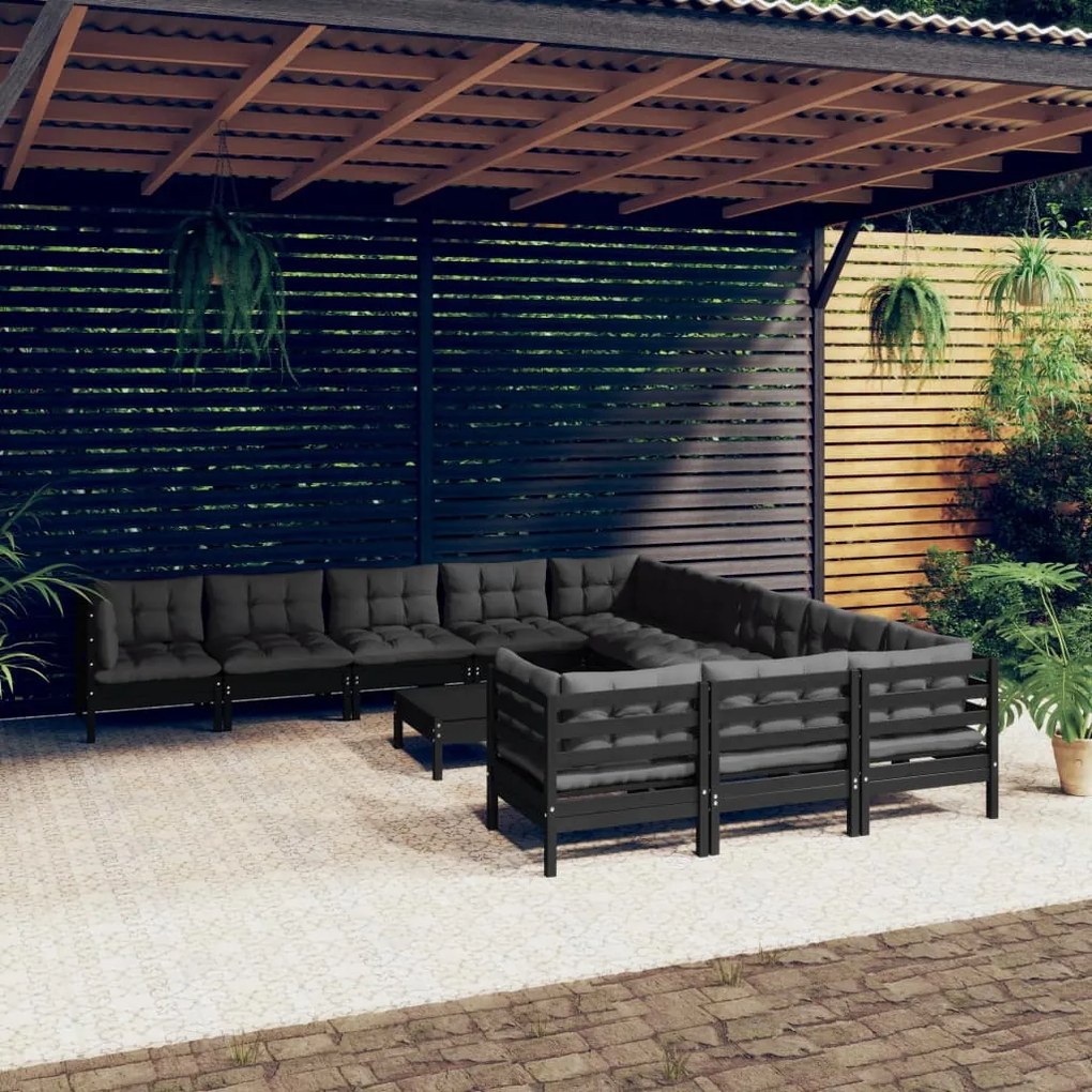 vidaXL 12 pcs conjunto lounge de jardim c/ almofadões pinho preto