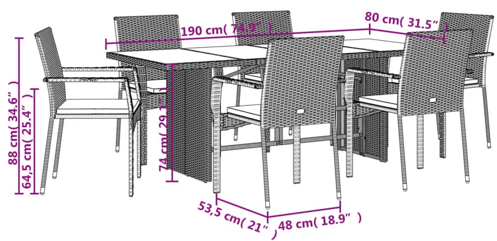 7 pcs conjunto de jantar p/ jardim c/ almofadões vime PE cinza
