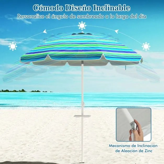 Guarda-sol de praia basculante portátil com suporte para copos e proteção solar UPF50+ para pátio exterior Piscina 2 x 2,2 m Azul+Verde