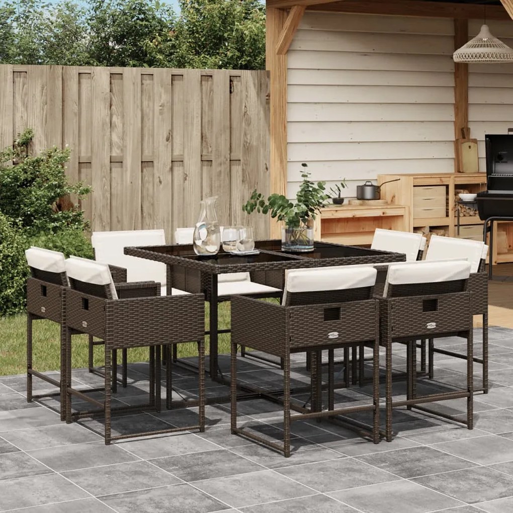 9 pcs conjunto jantar p/ jardim c/ almofadões vime PE castanho