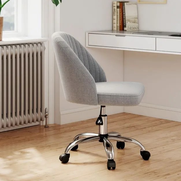 Cadeira de escritório moderna sem braços giratória, com encosto curvo e assento estofado com altura ajustável, cinza