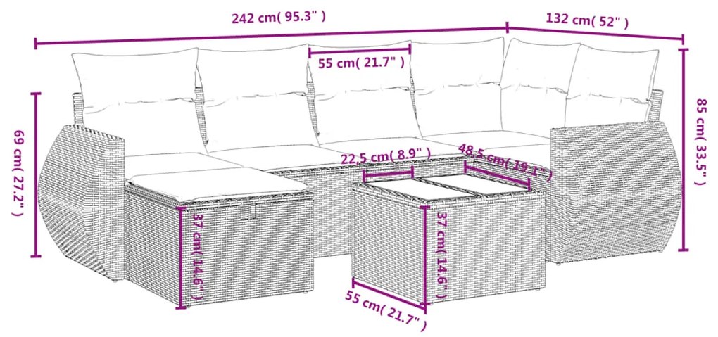 7 pcs conjunto de sofás jardim c/ almofadões vime PE castanho