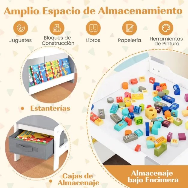 Conjunto de mesa e cadeira para crianças Mesa de actividades 4 em 1 para crianças com tampo reversível Estantes e caixas Cinzento