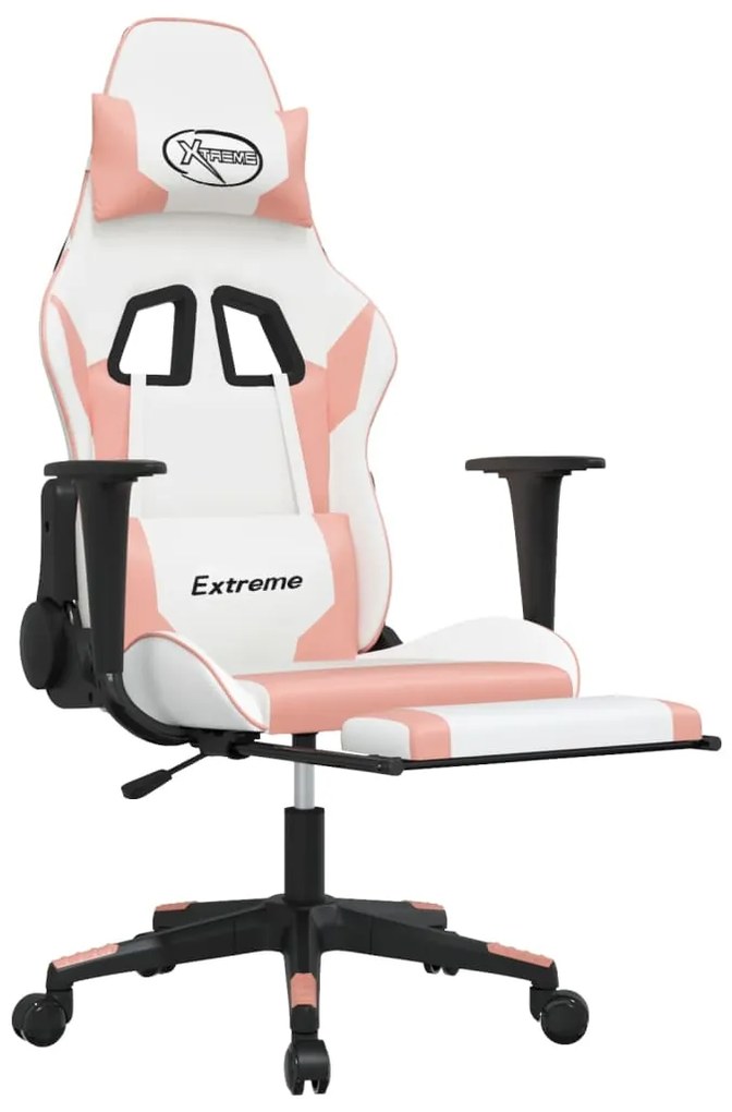 Cadeira gaming com apoio p/ pés couro artificial branco e rosa