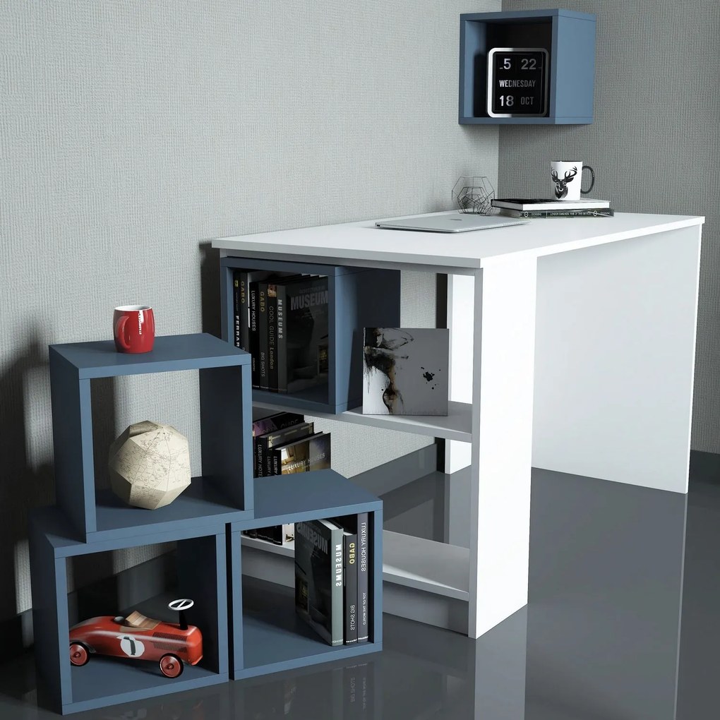 Secretária de Estudo e Estante Box – Branco e Azul – Secretária: 120x7