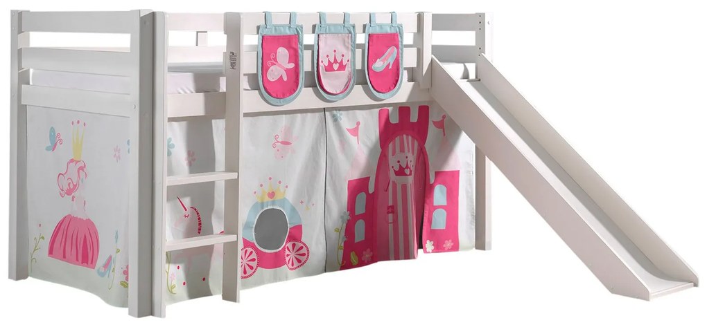 Conjunto Cama alta de Criança PINO 90 x 200 cm + estrado + escada + escorrega + cortina + 3 bolsas Princesa branca