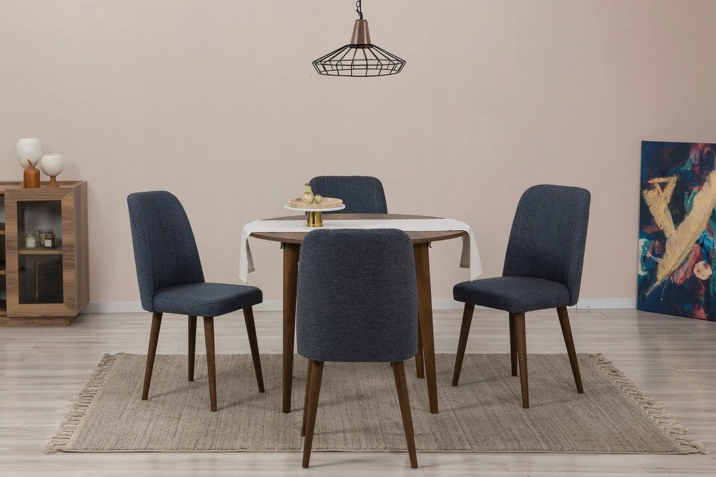 Conjunto de Mesa de Jantar Extensível Vina – Nogueira e Azul Marinho –