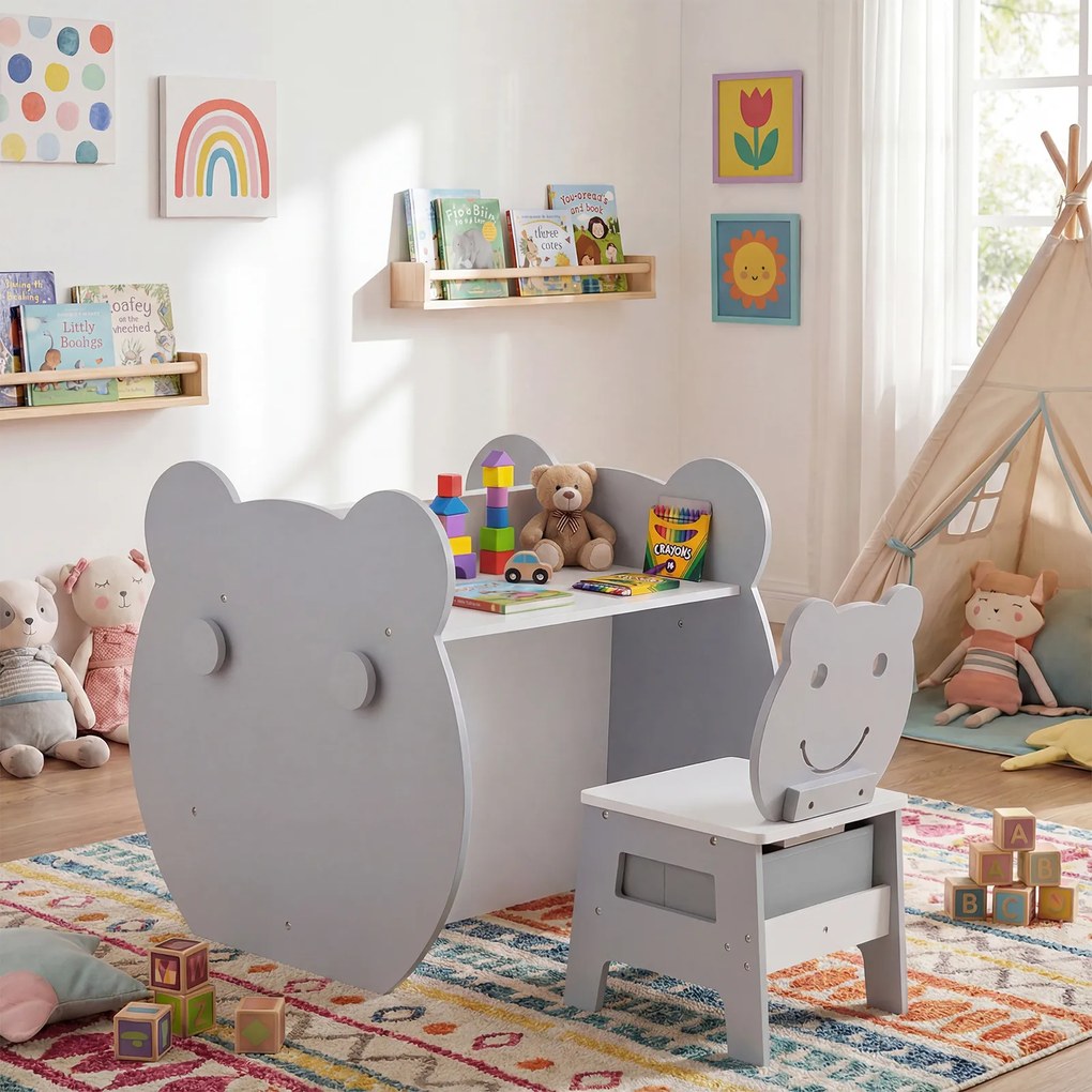 Mesa e cadeira infantil 3 em 1 com tema de urso, secretária infantil com quadro de giz de dupla face, estante, ganchos e gaveta, para crianças dos 3 a