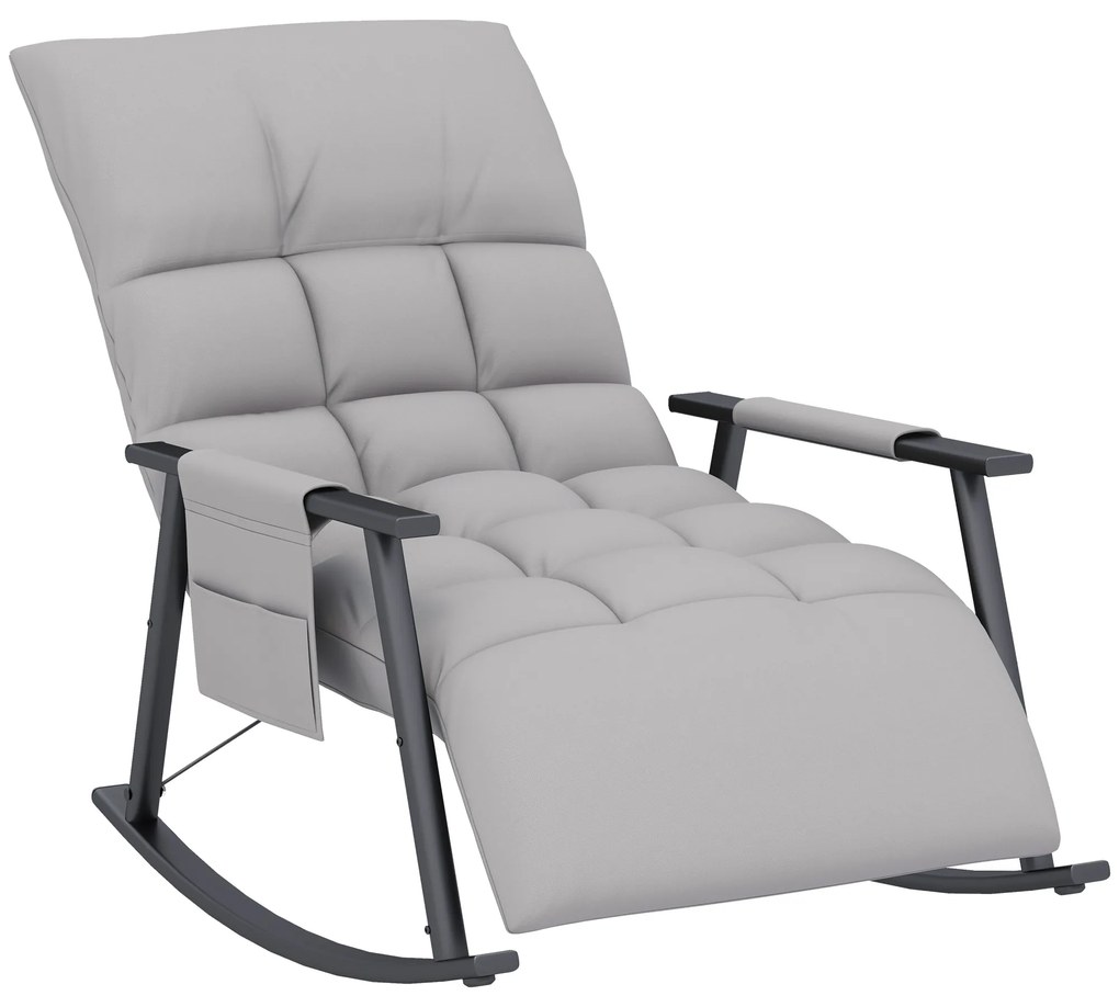 HOMCOM Poltrona Baloiço com Encosto e Apoio para os Pés Ajustáveis e Estofada em Microfibra com Bolso para Sala 60x134x70 cm Cinzento