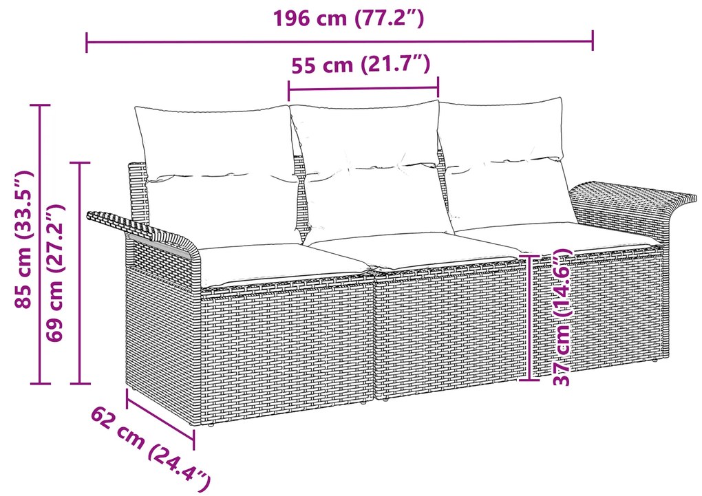 Conjunto de Sofá de Jardim de 3 Peças com Almofadas - Vime Polirattan