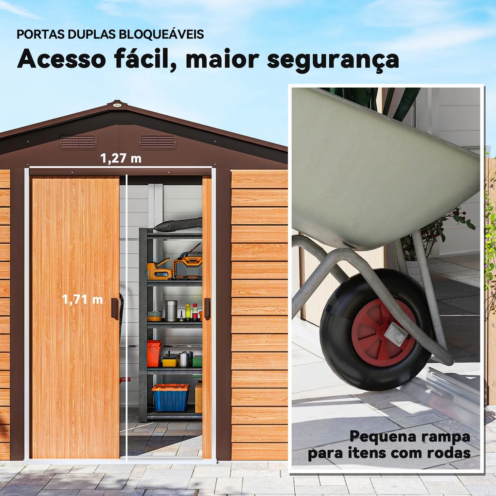 Abrigo de Jardim 4,84 m² 278x195x215 cm Abrigo de Jardim com 2 Portas de Correr e 4 Janelas de Ventilação Madeira e Castanho
