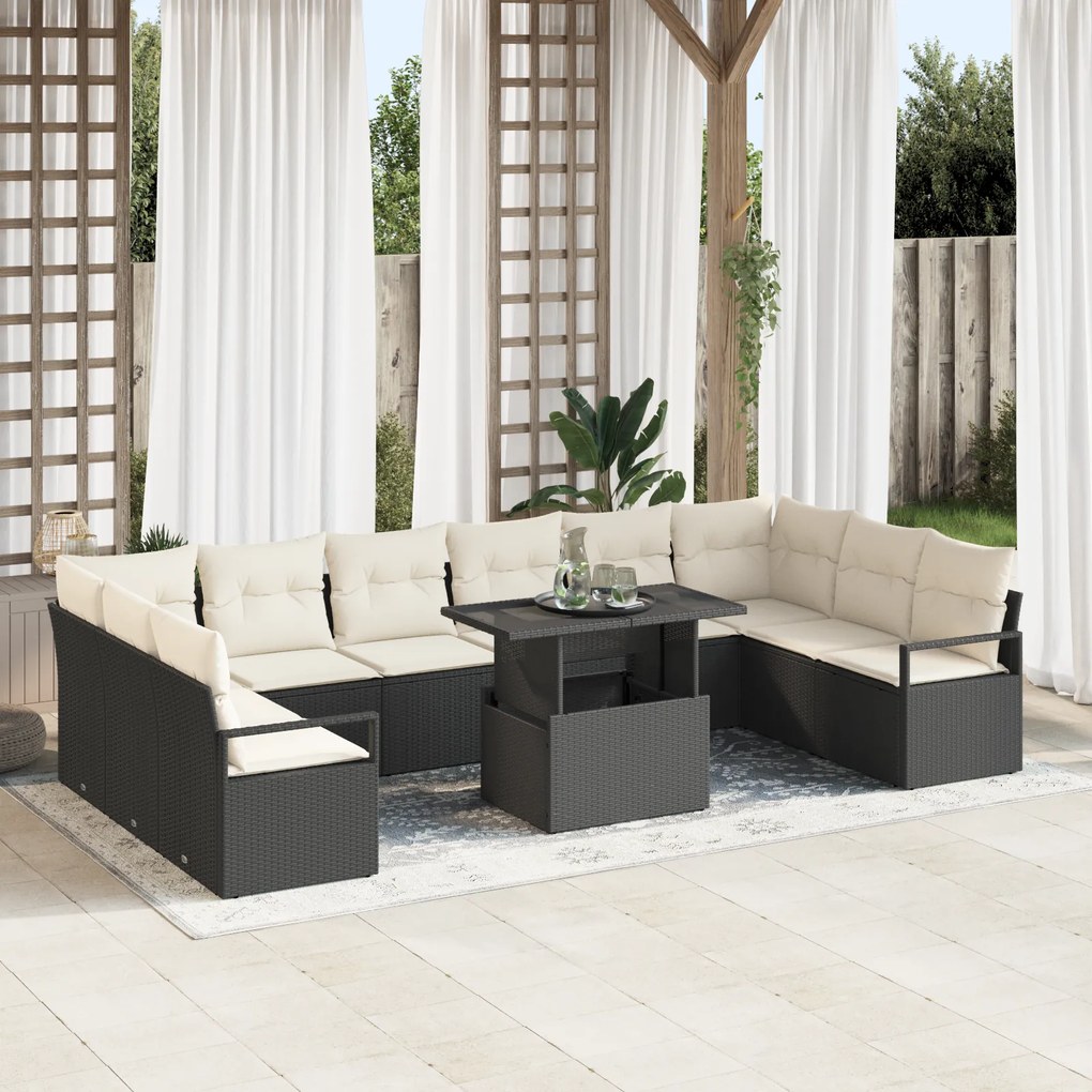 Conjunto de Sofá de Jardim de 11 Peças com Almofadas Rattan Preto, Sof