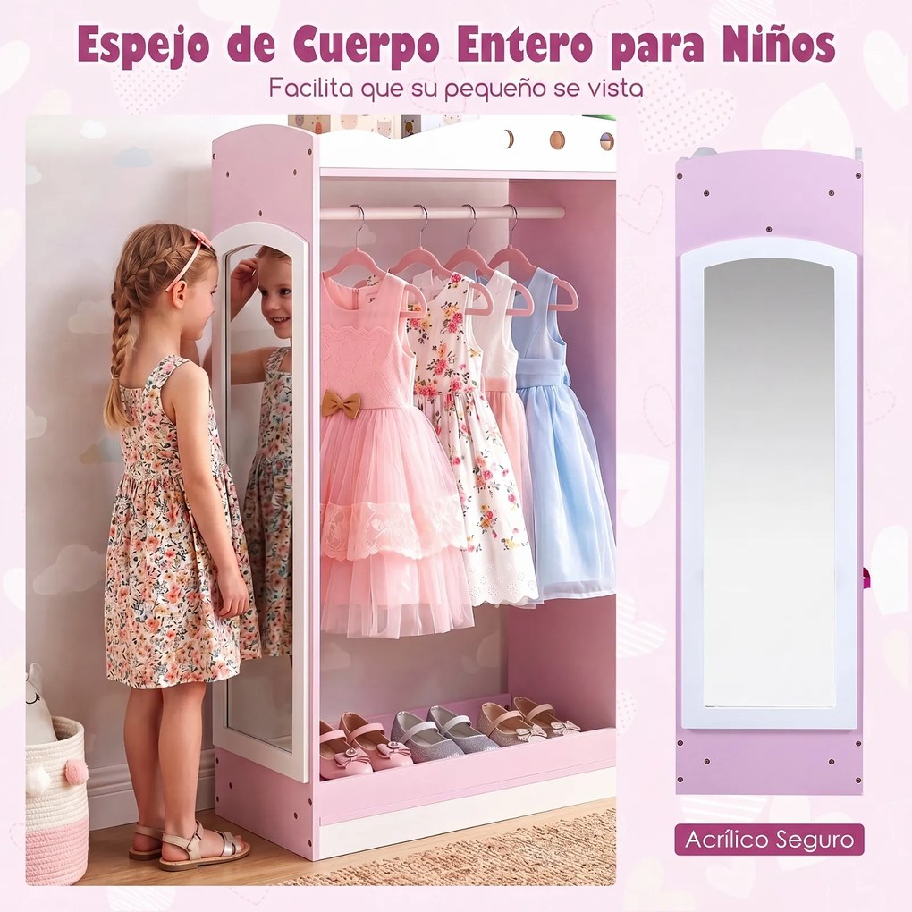 Guarda roupa Infantil com Espelho, 90 x 30 x 111,5 cm, com Gavetas e Prateleiras, Rosa