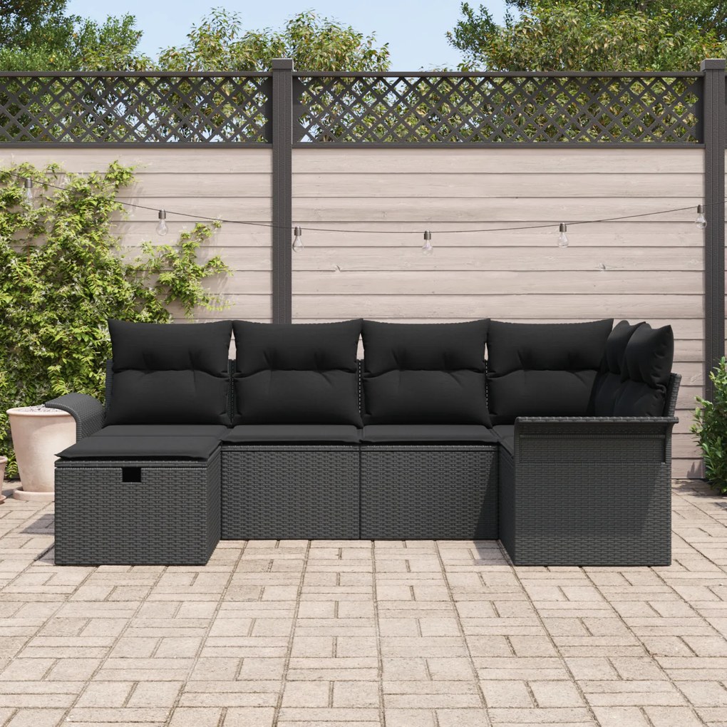 Conjunto de Sofás de Jardim de 6 Peças com Almofadas Preto Rattan PE