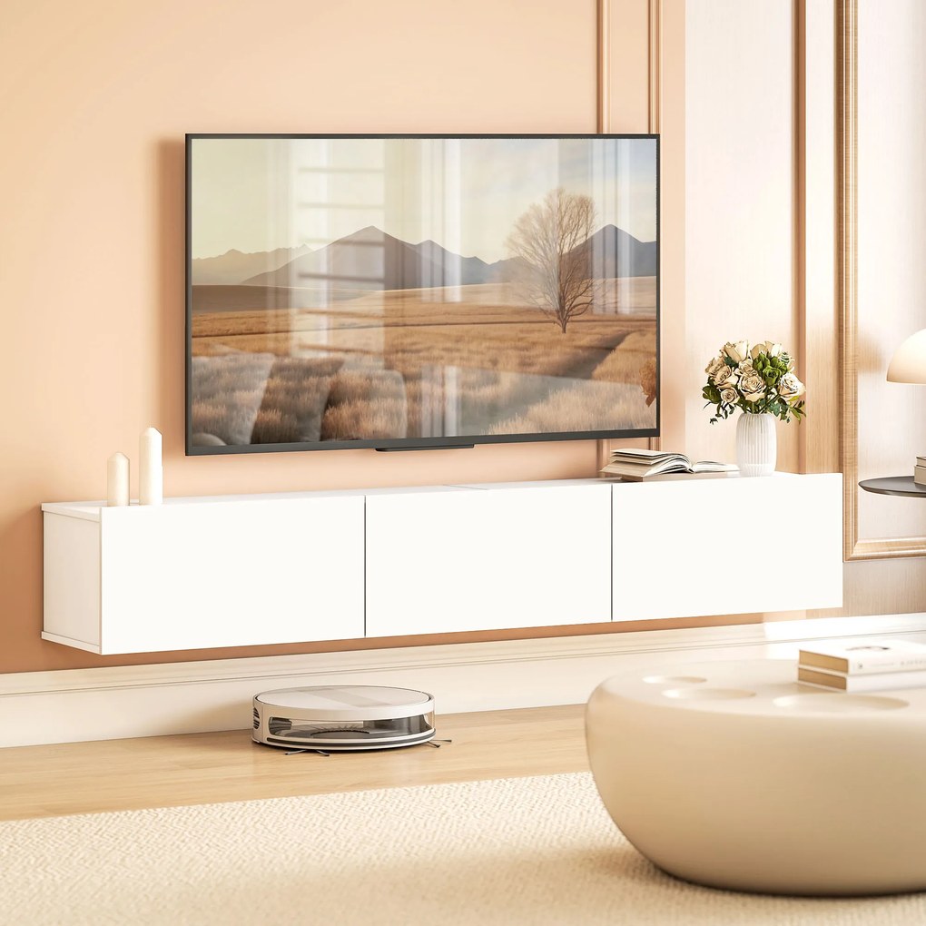 Móvel de TV suspenso de 180 (L) x 31,5 (P) x 29,8 (A) cm, móvel para televisores até 82 polegadas, com 3 portas rebatíveis com fecho suave, branco