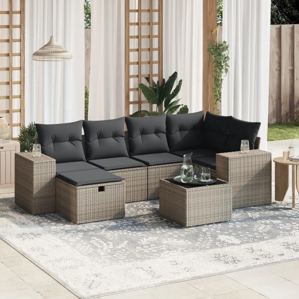 7 pcs conjunto sofás p/ jardim c/ almofadões vime PE cinzento