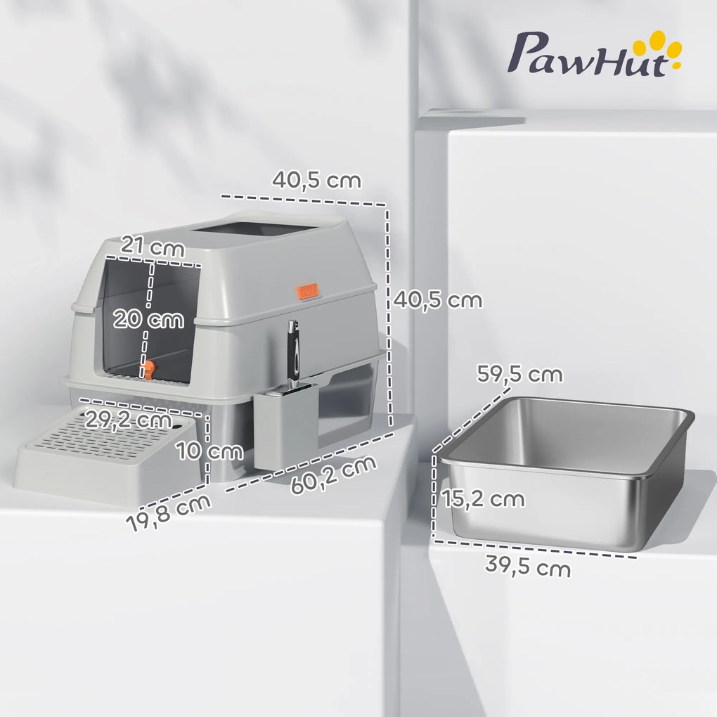 Caixa de Areia para Gatos Fechada de Aço Inoxidável com Abertura de Saída e Pá 60,2x40,5x40,5 cm Cinza Claro