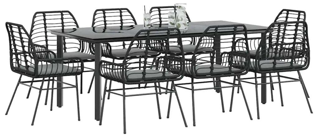 vidaXL Conjunto de jantar jardim 9 peças almofadas vidro vime PE preto