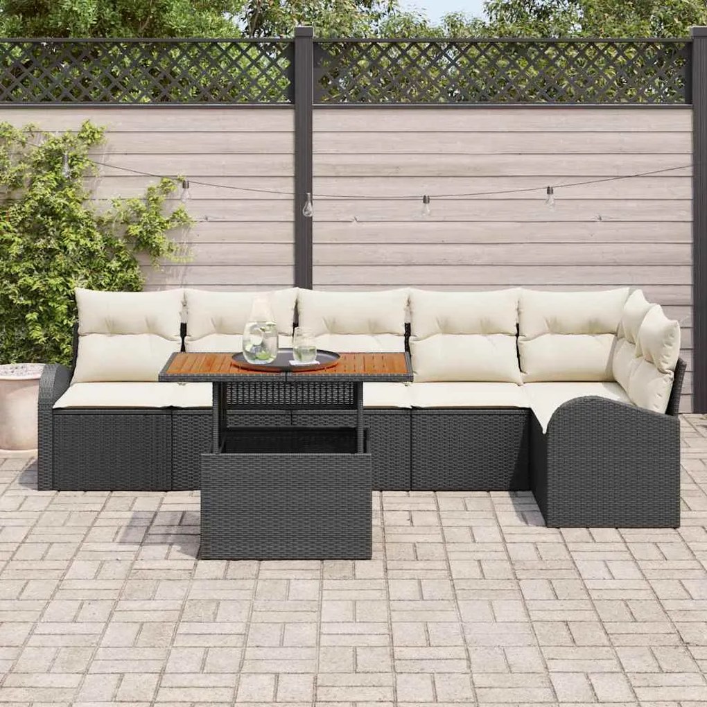 Conjunto de Sofá de Jardim com 7 Peças e Almofadas Pretas em Rattan de