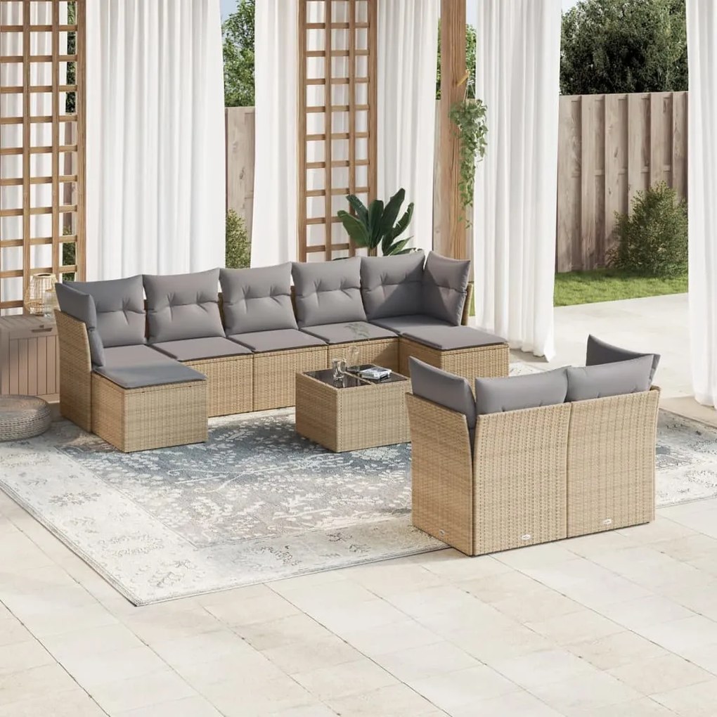 vidaXL 10 pcs conjunto de sofás p/ jardim com almofadões vime PE bege