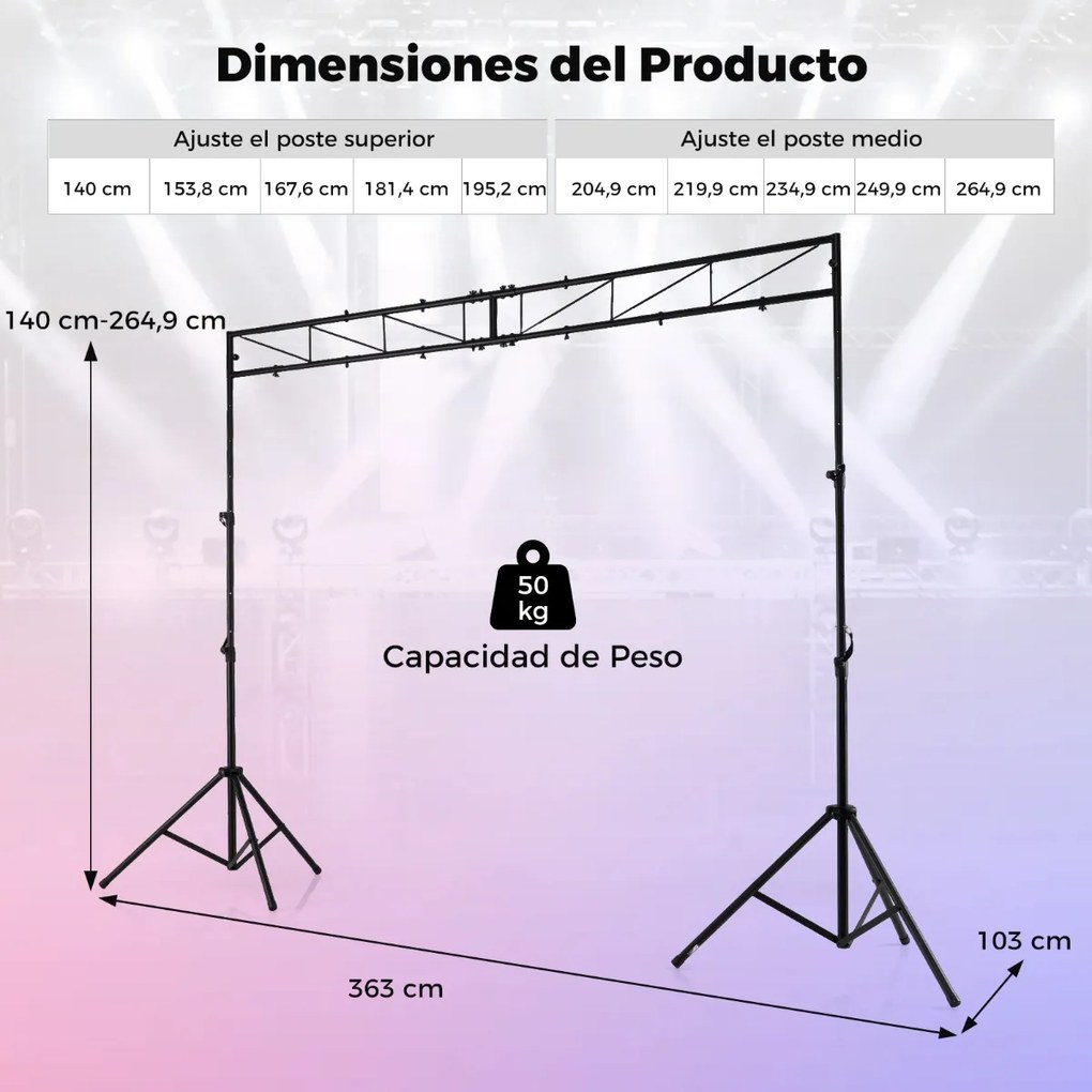 Suporte de iluminação para DJ em metal, altura ajustável em 10 níveis, 2 tripés dobráveis, 12 pontos de fixação, para montagem em concertos, palcos e
