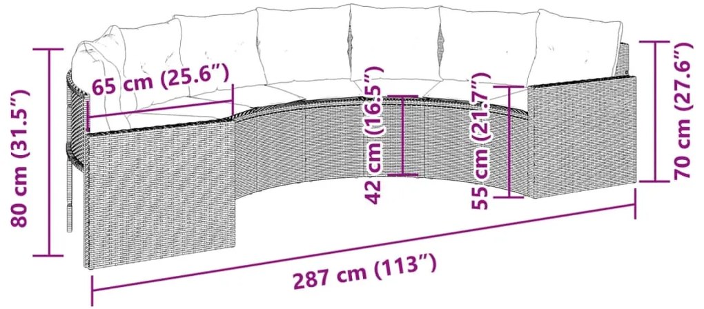 Sofá de jardim com almofadões semicircular vime PE preto