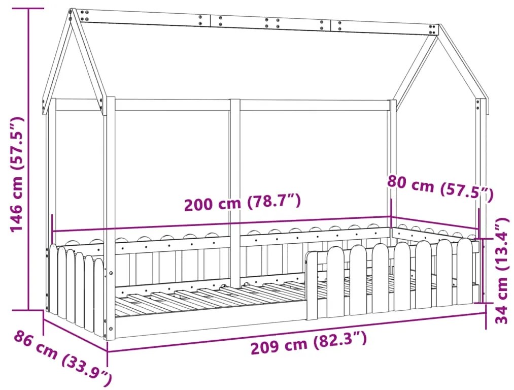 Cama infantil formato casa 80x200 cm pinho maciço castanho-mel