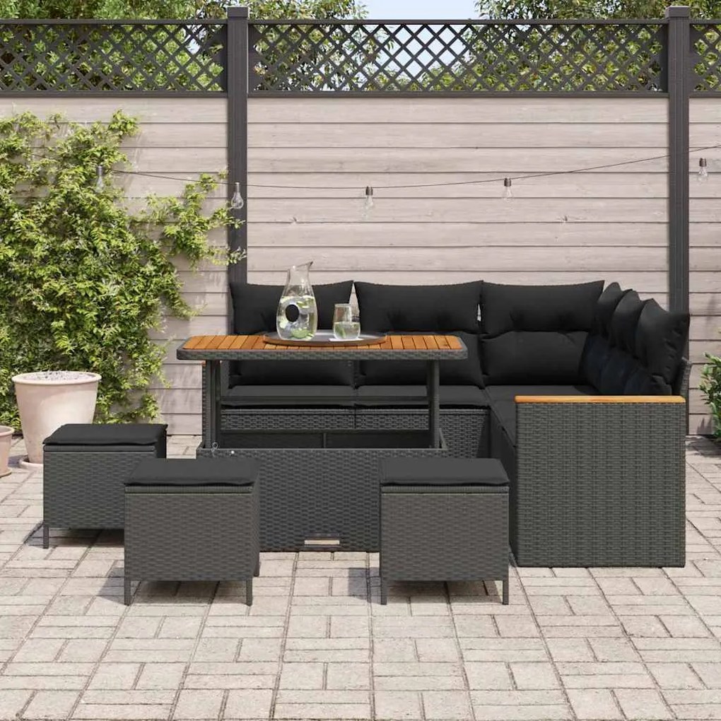 Conjunto de Sofá de Jardim com 9 Peças e Almofadas Pretas em Rattan de