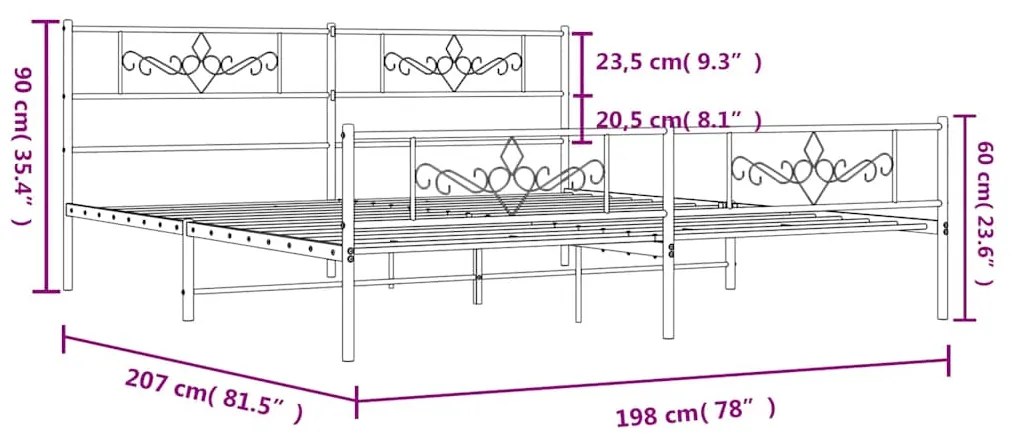 Estrutura de cama com cabeceira e pés 193x203 cm metal preto