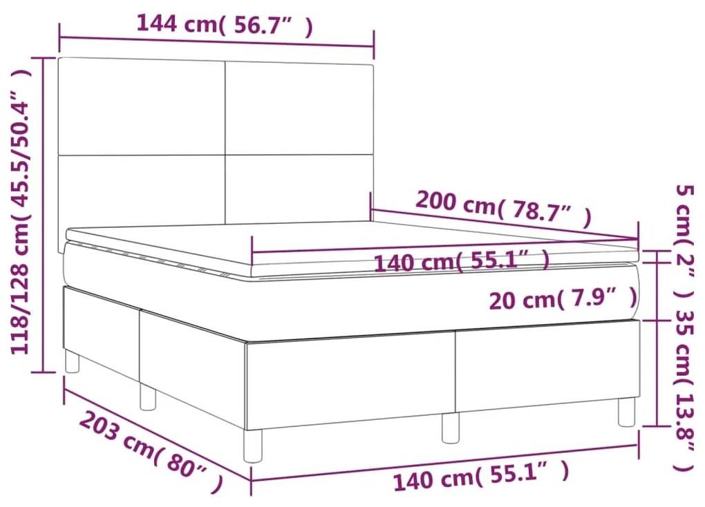 Cama box spring c/ colchão/LED 140x200cm couro artificial preto