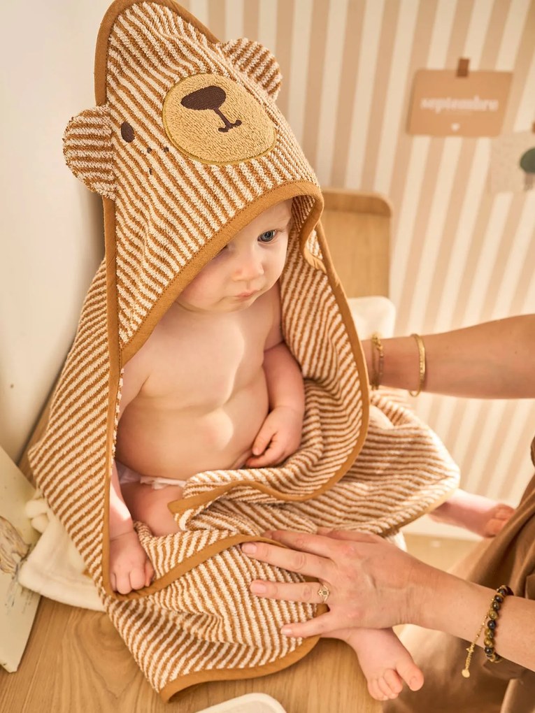 Capa de banho + luva de banho Petit Ours com algodão reciclado, para bebé riscas bege