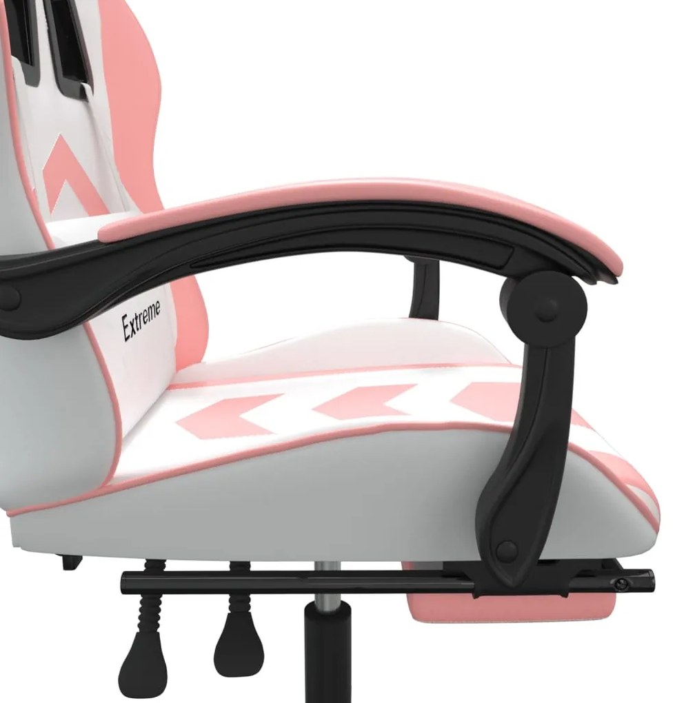 Cadeira gaming giratória c/ apoio pés couro artif. branco/rosa
