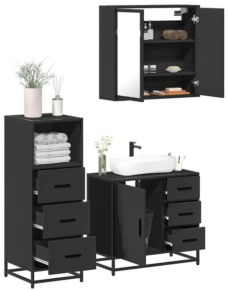 vidaXL 3 pcs conjunto móveis casa de banho derivados de madeira preto