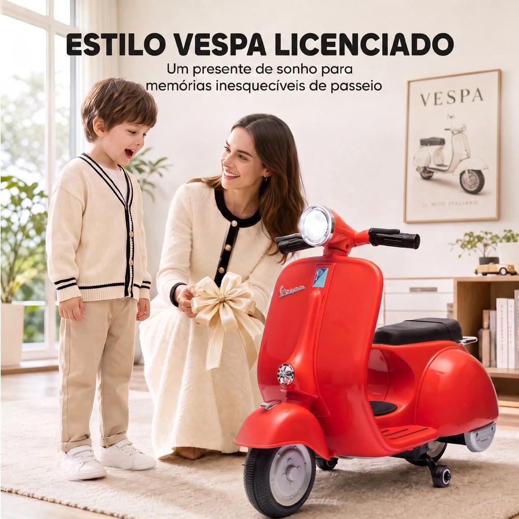 Mota Elétrica Infantil VESPA 6V com Arranque Suave, Rodas de Apoio, Luz, Música e USB - Vermelho