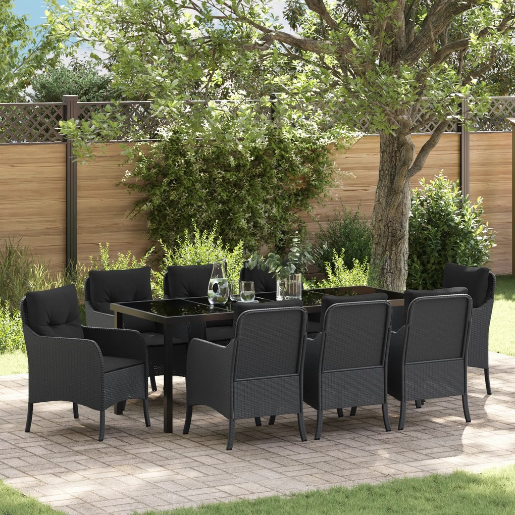 Conjunto de Jantar de Jardim com Almofadas Preto Rattan Poliéster