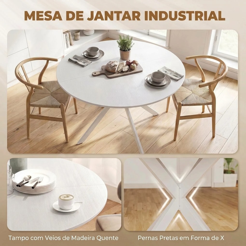 Mesa de Jantar Industrial para 4 Pessoas Redonda Ø120 cm (CADEIRAS NÃO INCLUIDAS) com Pés de Aço, Branca