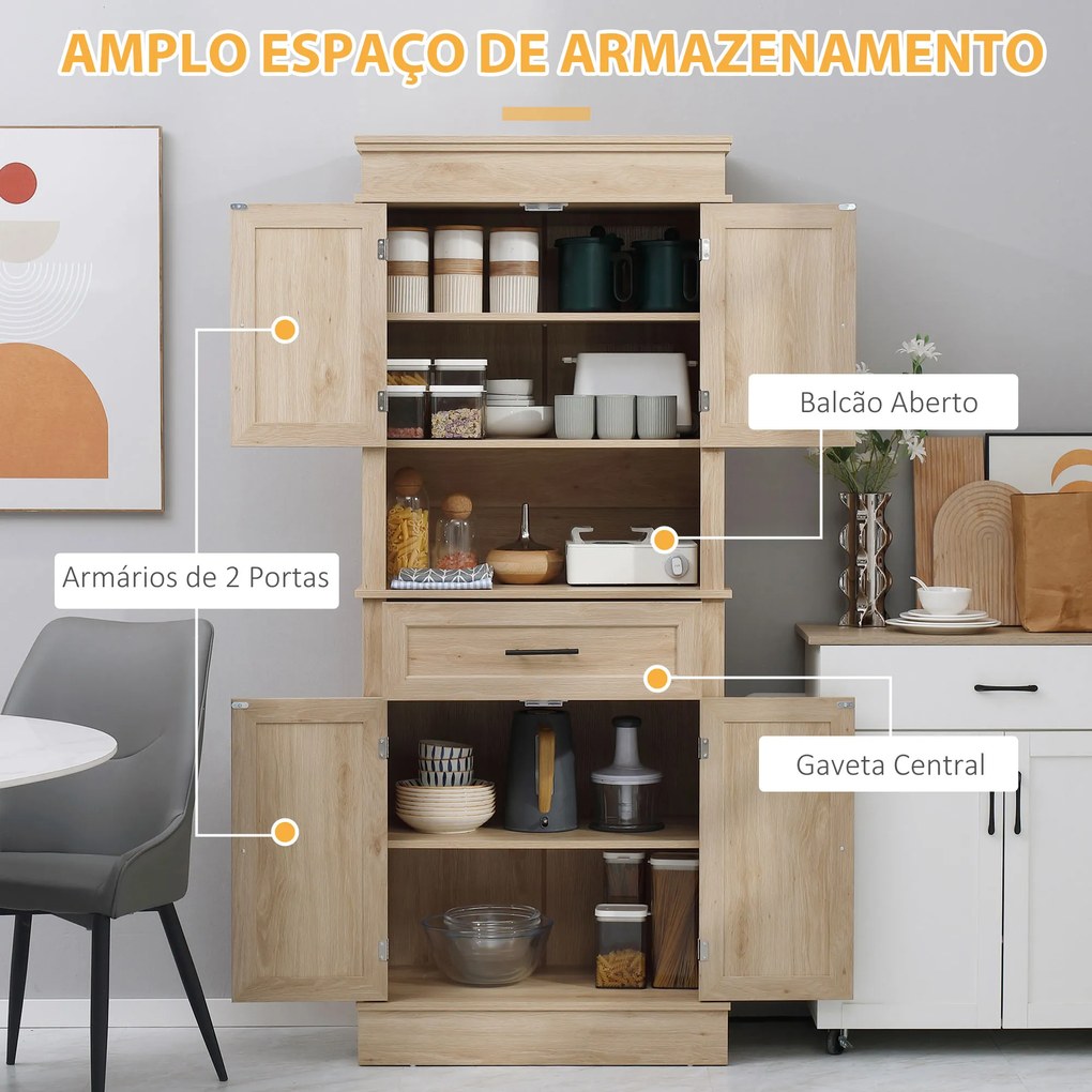 Armário de Cozinha com 4 Portas 1 Gaveta e Prateleira Aberta para Sala de Estar Sala de Jantar 74x39,5x183cm cor Carvalho