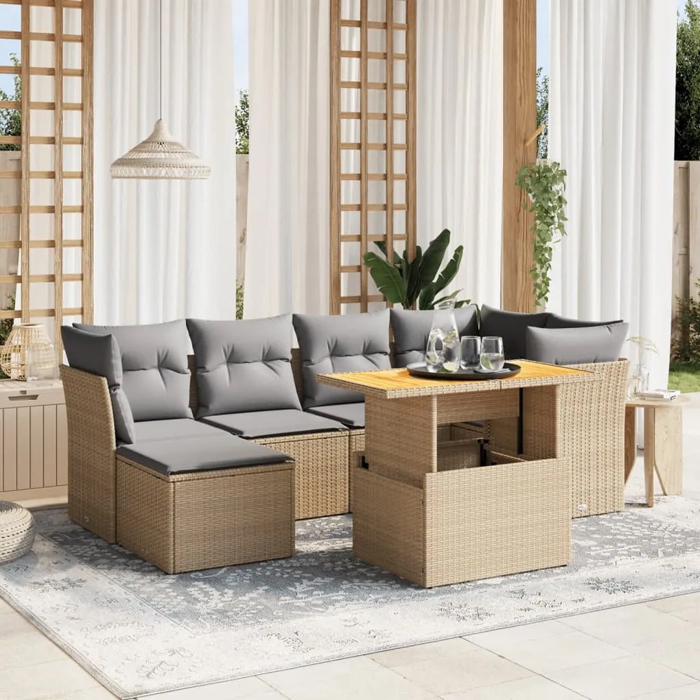 7 pcs conjunto de sofás p/ jardim com almofadões vime PE bege