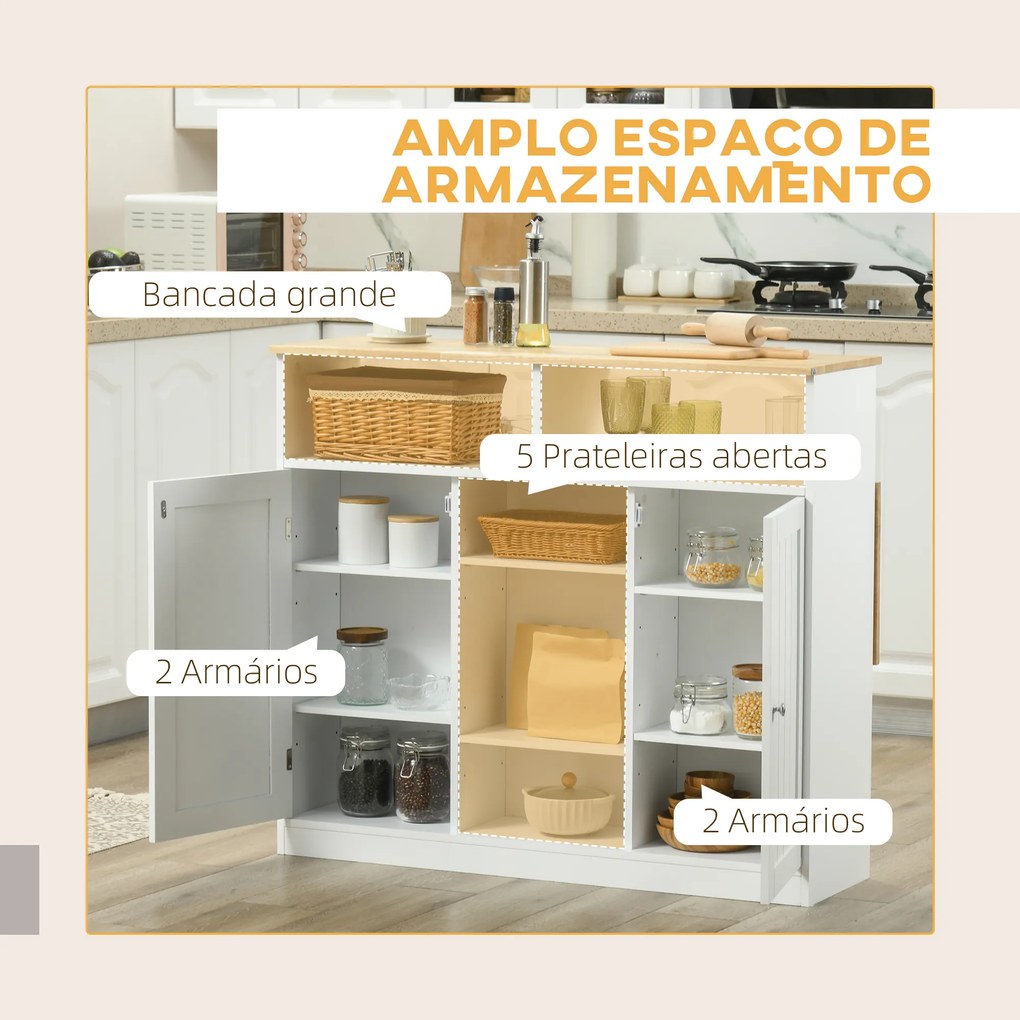 HOMCOM Ilha de Cozinha com Rodas Carrinho de Cozinha com Bancada de Madeira de Borracha Dobrável 2 Portas e Prateleiras Abertas 110x66x97 cm Branco e Madeira