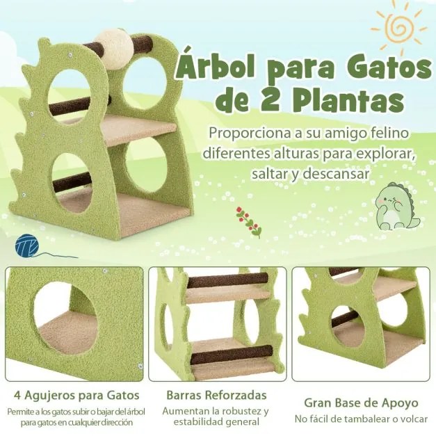 Arranhador moderno para gatos de interior com 2 níveis, bola giratória para arranhar, tecido felpudo e suporte para trepar verde e bege