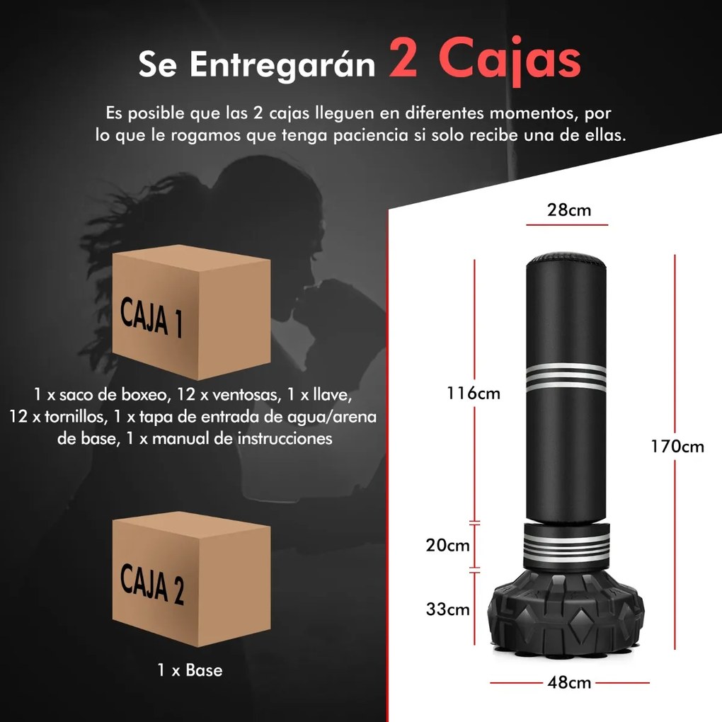 Saco de boxe 48 cm x 48 cm x 170 cm resistente a rasgos com rebote rápido e base com ventosa para adultos, jovens e crianças para uso doméstico Preto