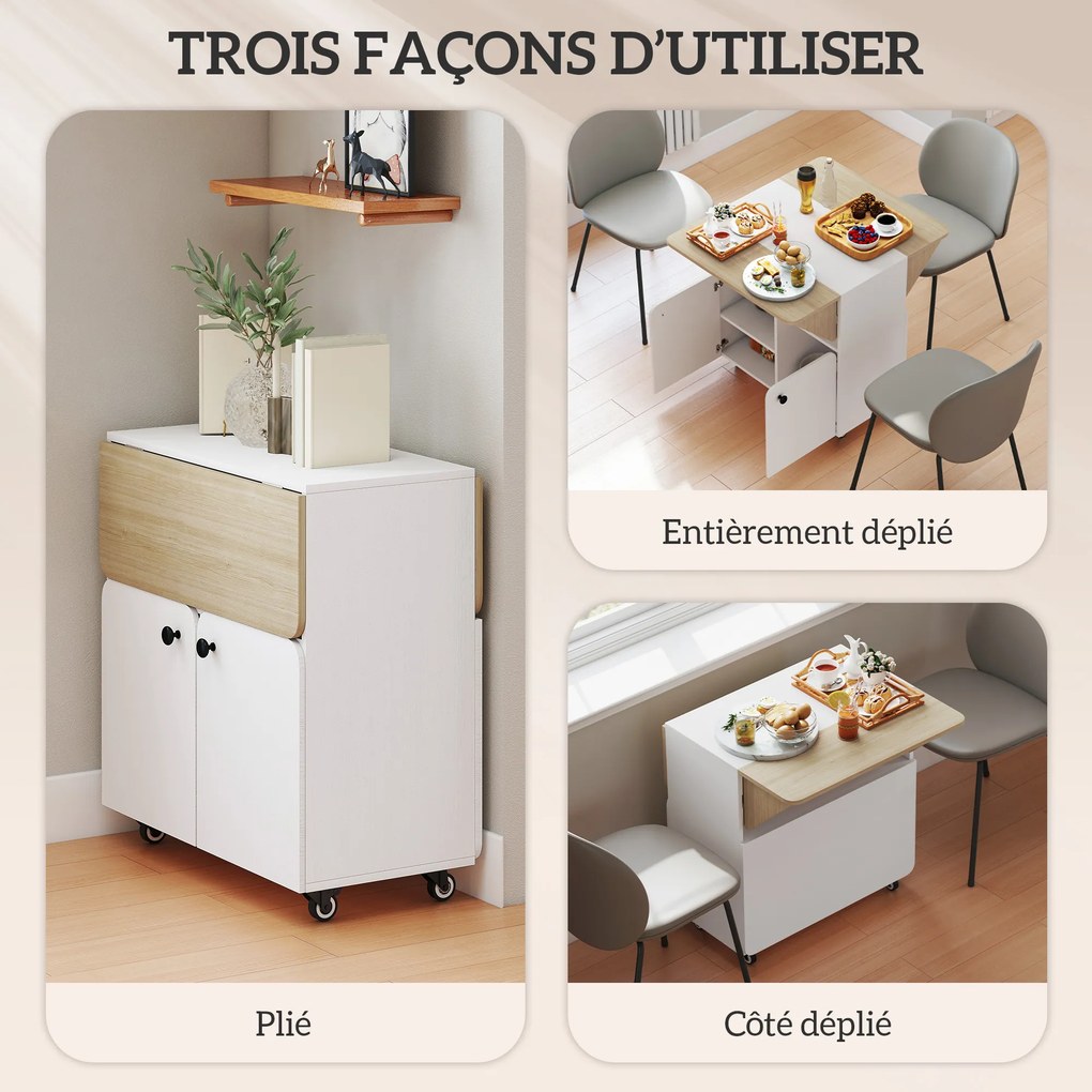 Mesa de jantar dobrável com roda 70 x 83 x 75 cms, mesa de cozinha para 4 pessoas, 2 abas rebatíveis, prateleira, armário, branco, e cor natural